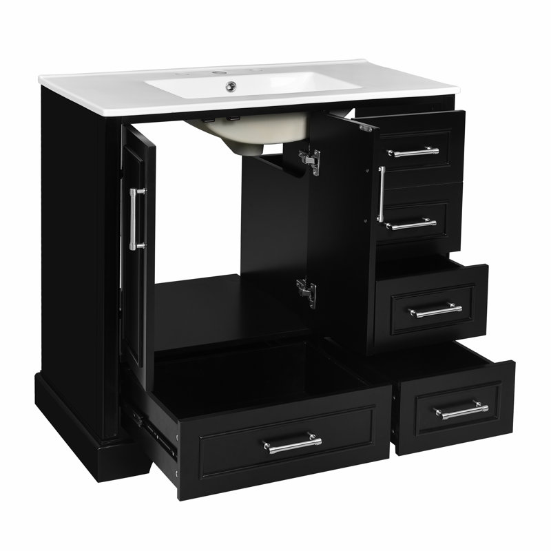 Meuble-lavabo traditionnel 36 "avec lavabo en céramique, Noir, Argent argent