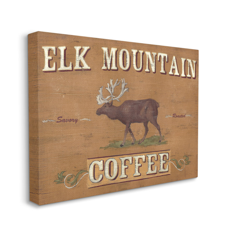 «Antique Elk Mountain Coffee Kitchen Kitchen Rustic Animal» par June Erica Vess - Art textuel sur toile, H 24 po x l 30 po