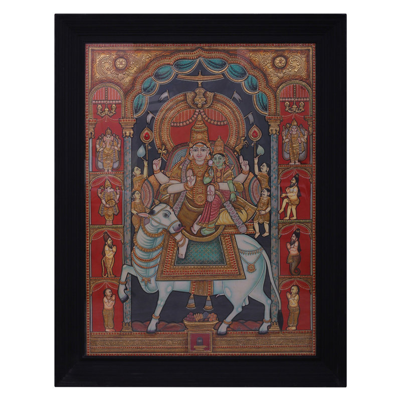 Lord Shiva, mariage avec la déesse Parvati | Couleurs traditionnelles avec or 24 carats | Avec cadre