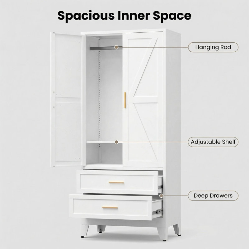 Armoire-penderie en métal blanc avec tringle, armoire de 71 po avec tablettes réglables et 2 tiroirs, armoire de rangement en acier pour chambre à coucher, bureau, salle de lavage
