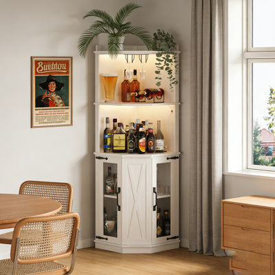 Spacious Corner Bar Cabinet with Power Outlet, Adjustable Shelves, and Glass Rack for Farmhouse Elegance in Any Room by Latitude Run
