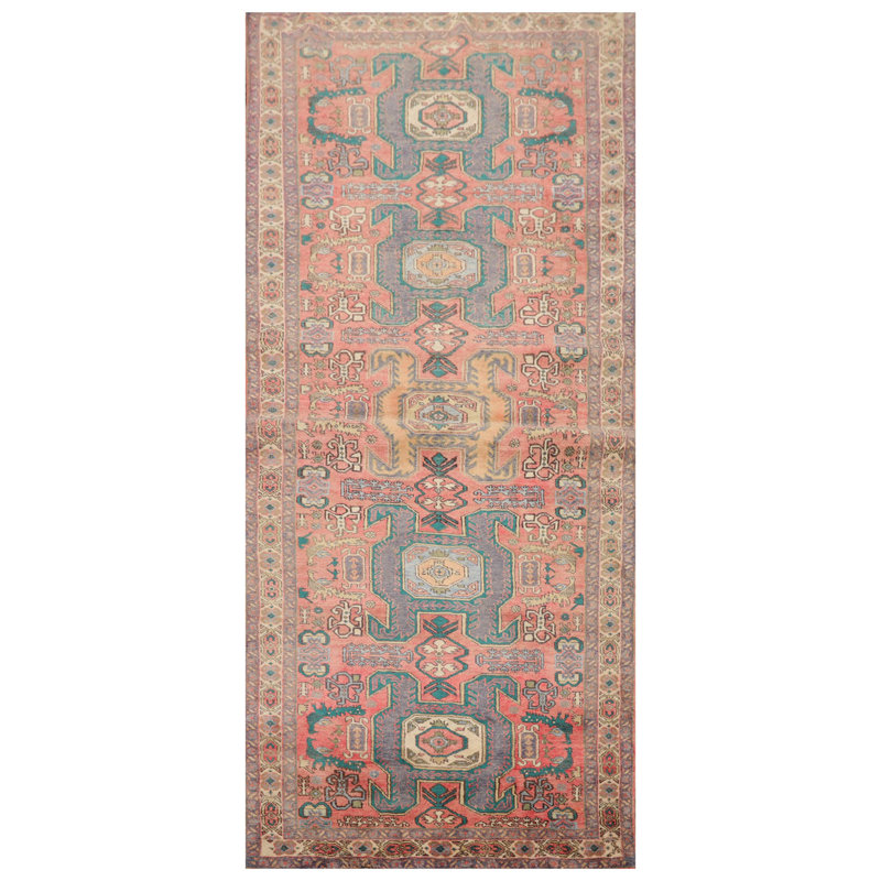 Tapis oriental turc Oushak en laine noué à la main 4 pi 3 po x 9 pi 4 po saumon délavé, couleur ardoise