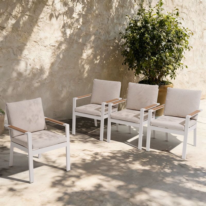 4 Pcs Outdoor Aluminum Patio Dining Chairs With Cushions, Beige, Beige