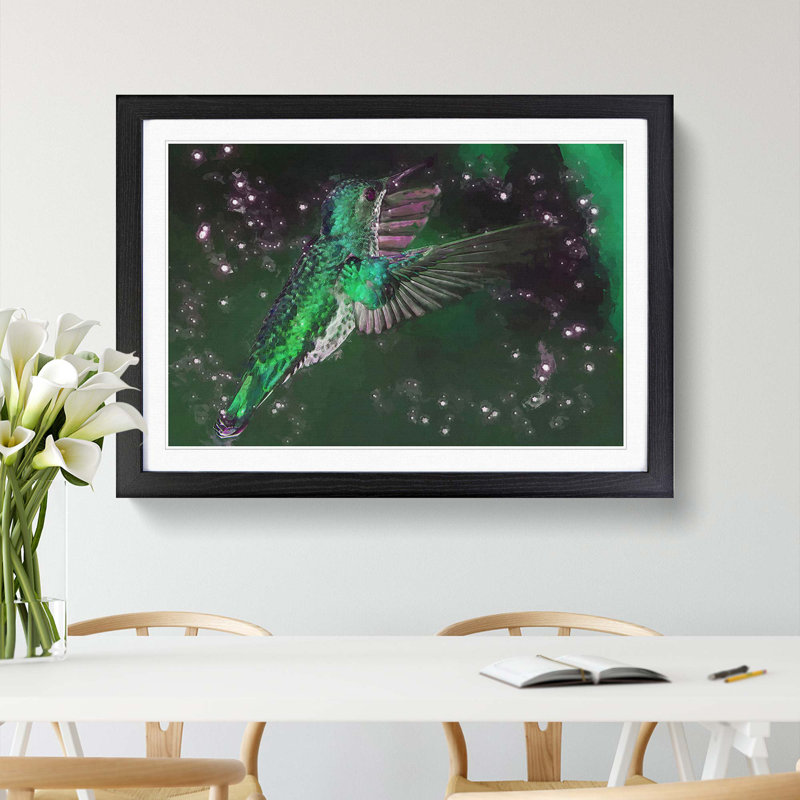 Green-Crowned Hummingbird in Abstract - Picture Frame Painting Print, 62cm H x 87cm W x 2cm D, Black Framed