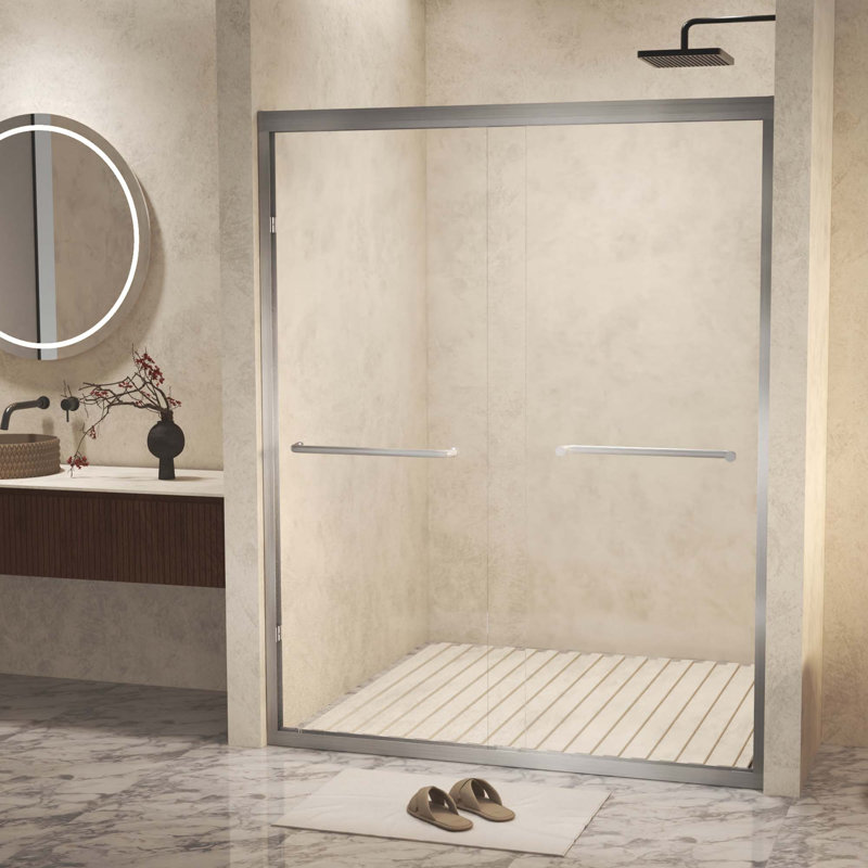 Tempered Glass With Explosion Proof Film,Aluminum Frame Double Sliding Shower Door,Stainless Steel Handle, Silver