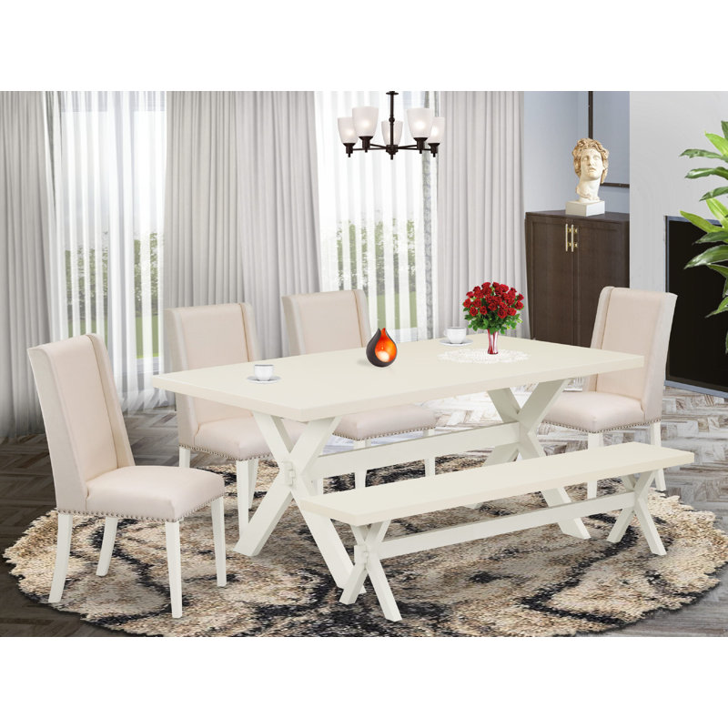 Ensemble de table de cuisine 6 pièces comprenant une table de salle à manger rectangulaire avec pieds en X et 4 chaises Parson en lin crème avec banc, multicolore