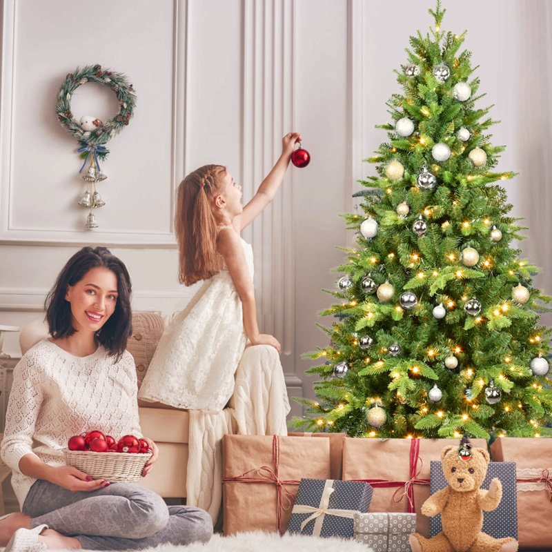 Arbre de Noël pré-éclairé avec lumières à DEL blanc chaud, arbre à charnières réaliste en PE + PVC avec support en métal, arbre de Noël artificiel complet pour la décoration des Fêtes