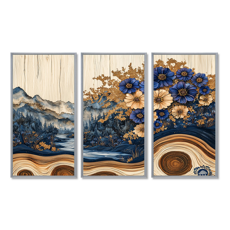 Fleurs aqua bleuet et paysage de forêt en bois II - Art mural sur toile bleuet - ensemble de 3, H 40 po x l 60 po