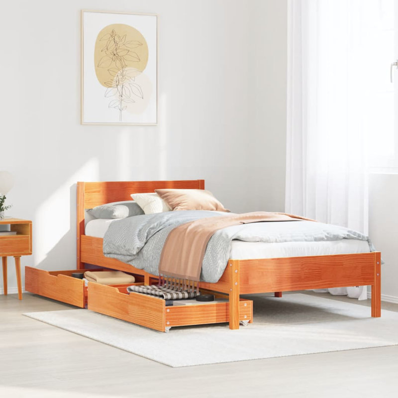 Goufes Solid Wood Storage Bed, European Single (90 x 200cm), Wax Brown