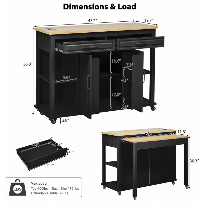 Cresong 33.5'' W Kitchen Island with Extendable Dining Table, Rubber Wood Veneer Kitchen Table, Power Outlet, Black