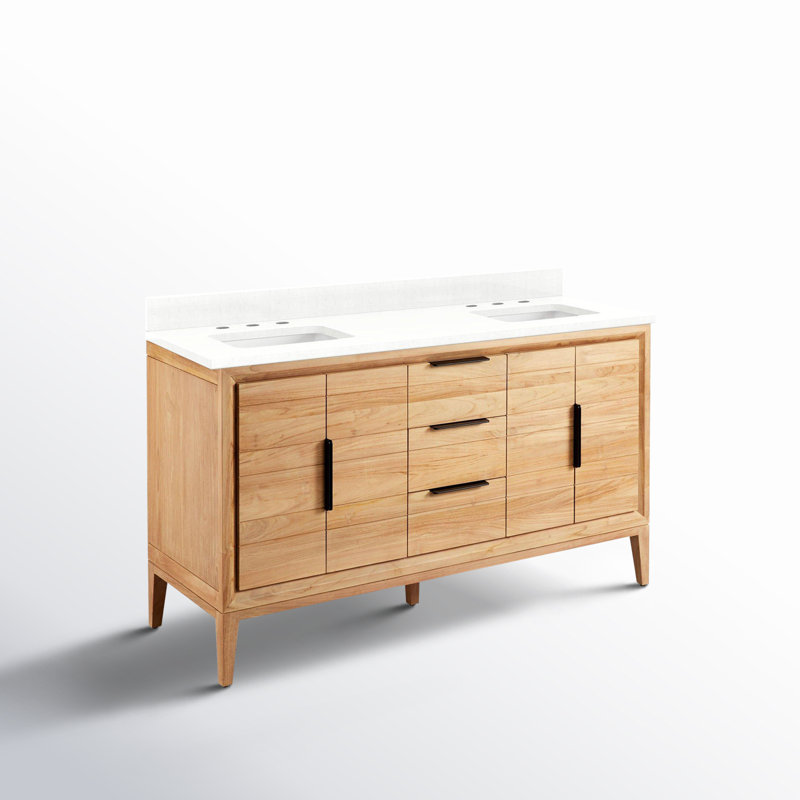 Aliso 60" Double Bathroom Vanity, 8" Widespread, Feathered White Quartz, Natural Teak