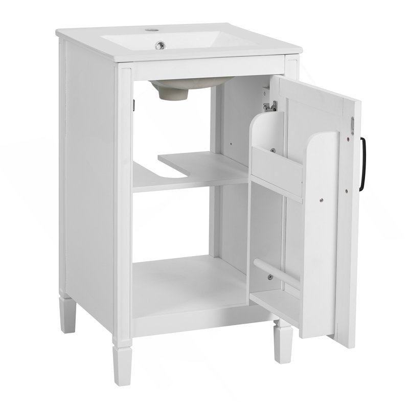 Meuble-lavabo blanc de 20 po avec lavabo en céramique, porte à fermeture en douceur, tablette ajustable en forme de U, support de rangement pour porte, armoire autoportante moderne pour les petites salles de bain