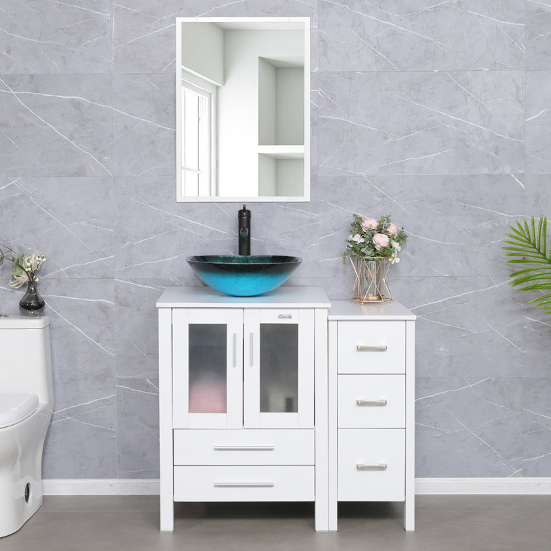  36" Single Bathroom Vanity Set with Vessel Sink, Manufactured Wood Top, Faucet, Drain, White, White