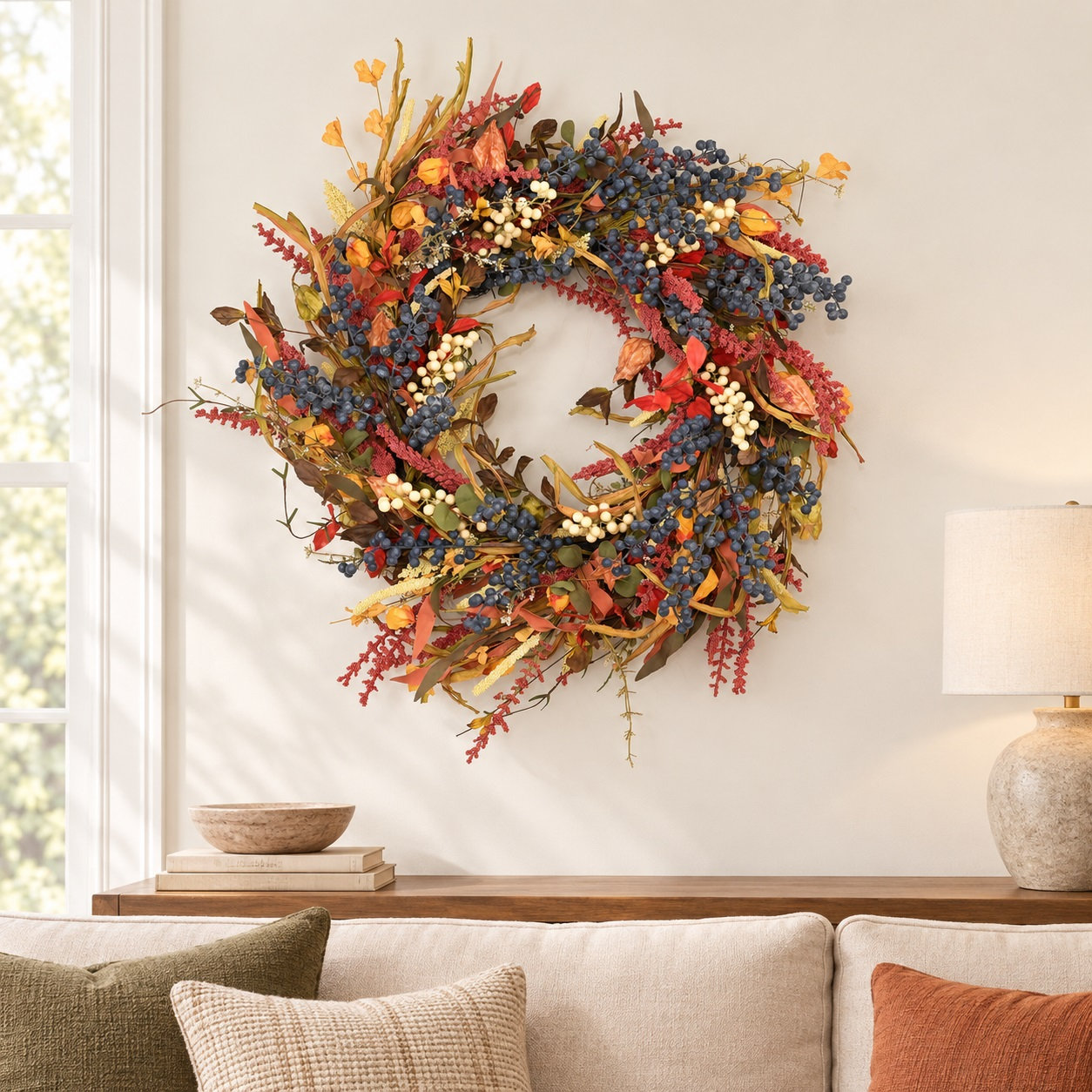 24" Artificial Farmhouse Twig Fall Thanksgiving Day Harvest Blossom Cluster Foliage Berry Front Door Wreath, Orange/Blue