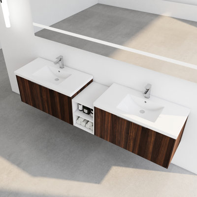 Meuble-lavabo de 84 po avec lavabo en résine, surface d'entretien facile et armoire de rangement moderne de 84 po