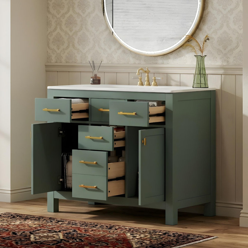 Meuble-lavabo de 36 po avec lavabo en céramique et espace de rangement polyvalent, Vert