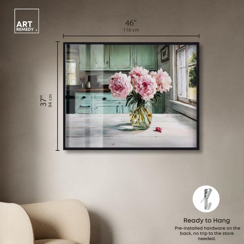 «Peony in Sunlight II Kitchen» par Art Remedy, H 37 po x l 46 po, Noir