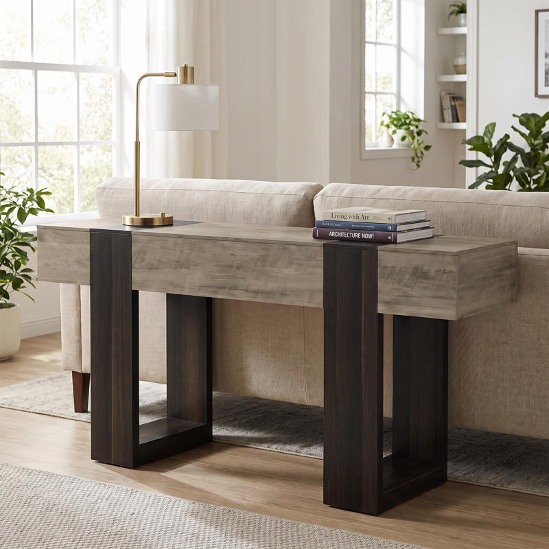 Console d'entrée bicolore de 63 po avec tablette inférieure, style campagnard, piètement en U robuste, grise, Gris / Brun