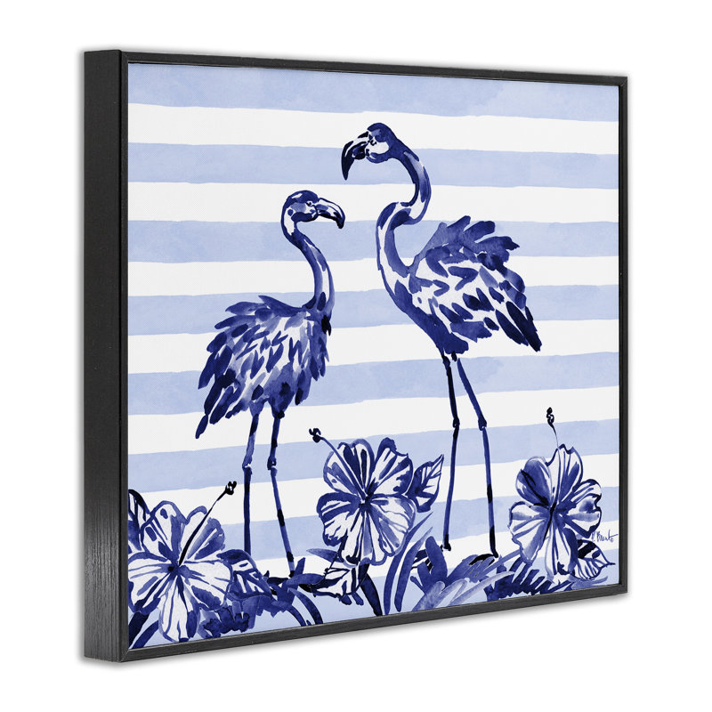 Giclée encadrée de flamants indigo sur rayures, design par Paul Brent, H 16 po x l 20 po, Giclée encadrée noir minuit