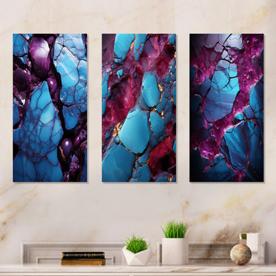 Blue And Purple Seamless Marble River I - Abstract Modern Shapes Metal Wall Art Prints Set Of 3