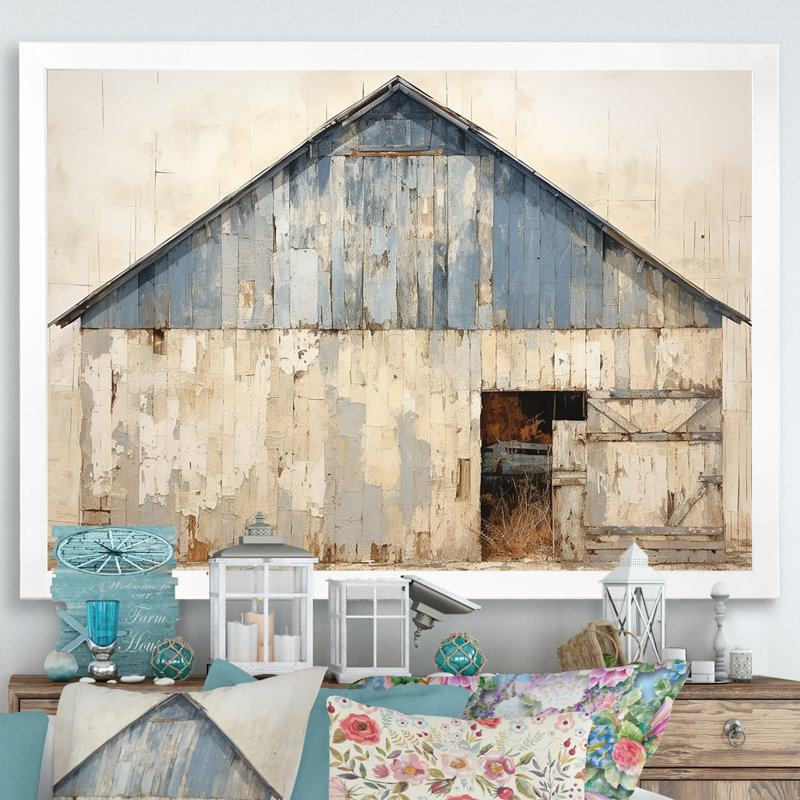 Beige et bleu grange - art mural de grange, H 16 po x l 32 po x P 1 po, Cadre blanc