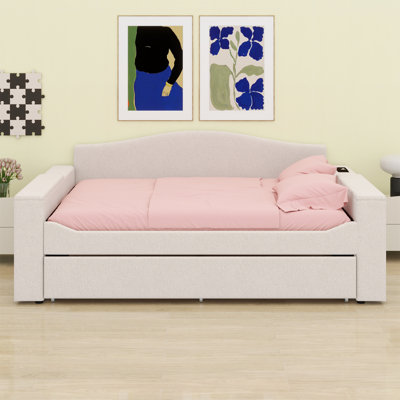 Upholstered Daybed With Storage Armrests,Trundle And Latest Integrated Bluetooth Audio System.