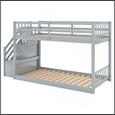 Twin Over Twin Floor Bunk Bed, Ladder With Storage, Gray
