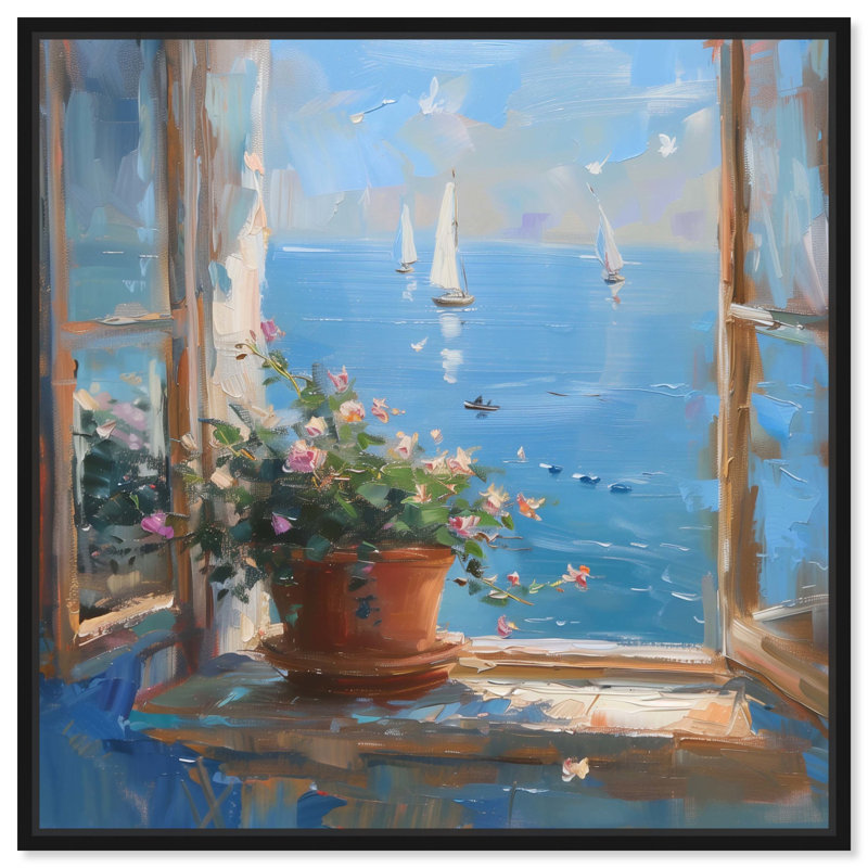«Coastal Window View Canvas Classic Landscape Art» par Art Remedy, Cadre noir, H 31 po x l 31 po