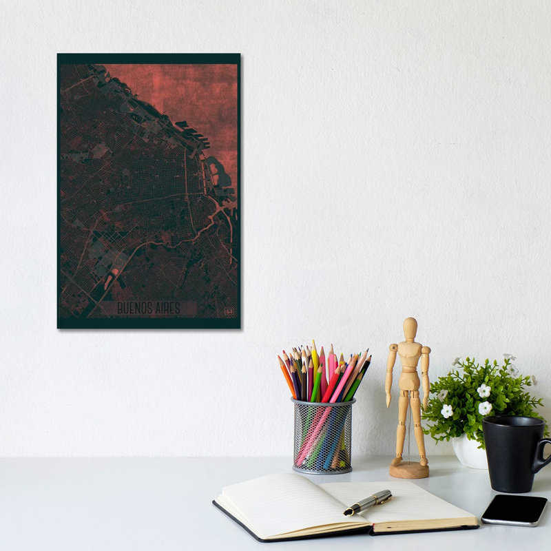 Buenos Aires Infrared Urban Blueprint Map by Hubert Roguski - Wrapped Canvas Print, 20.32 cm H x 30.48 cm W