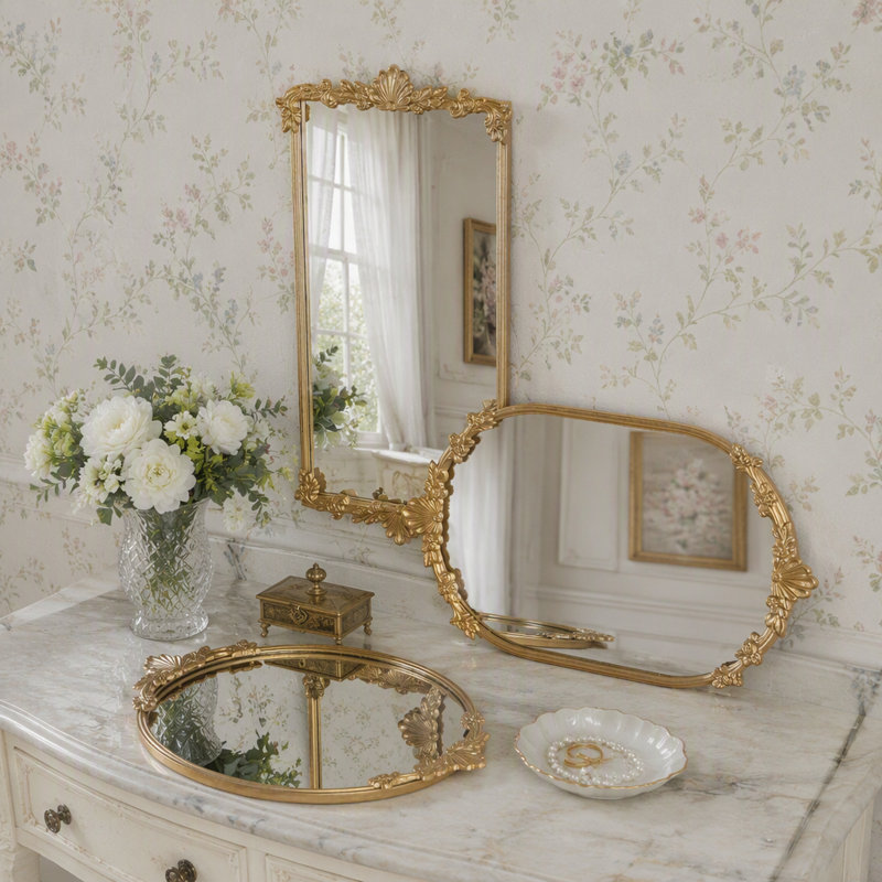 Plateau miroir décoratif avec cadre en fer doré et détails floraux complexes, Ovale