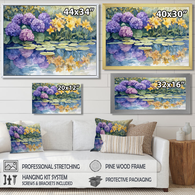 Imagen hortensias et lys au bord du lac III - hydrangées, décoration murale, Reproduction encadrée d'une seule photo