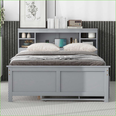 Lit plateforme avec rangement en bois de pin pleine grandeur et lit gigogne simple, 3 tiroirs USB - gris