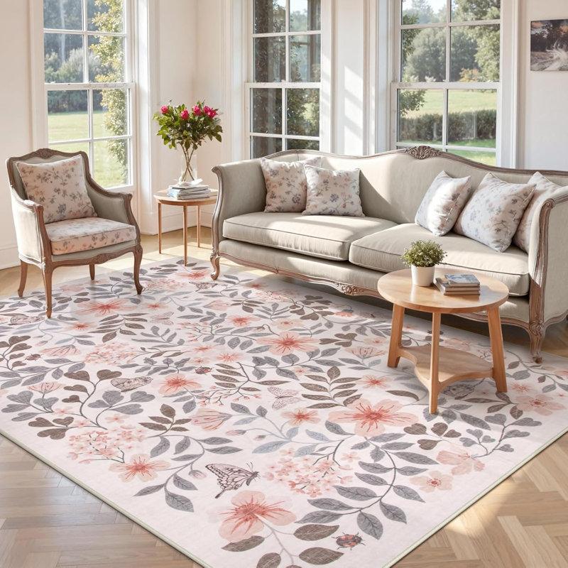  Floral Washable Area Rug Non-Slip Stain Resistant Low-Pile Boho Large Indoor Throw Carpet, Rectangle 8' x 10', Beige/Pink
