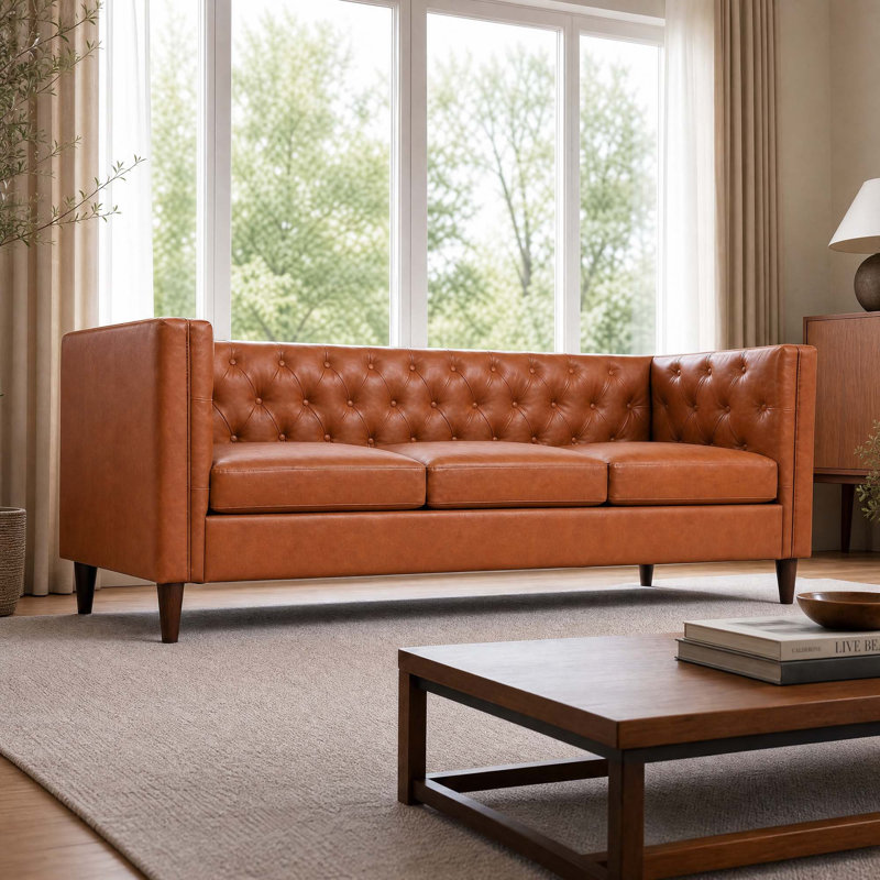 Canapé de 81 pouces moderne en cuir, canapé Chesterfield capitonné à boutons 3 places avec assise profonde, canapé en cuir de polyuréthane pour appartement et bureau