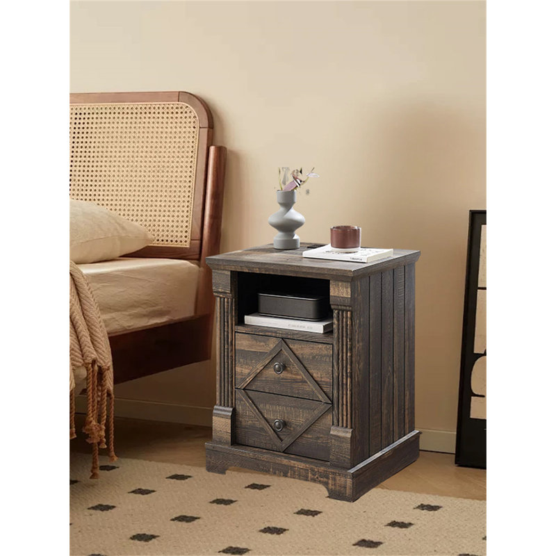 Vintage Nightstand With Charging Station – 18" Roman Column Side Table With 2 Drawers, Rustic Wood Bedside Cabinet