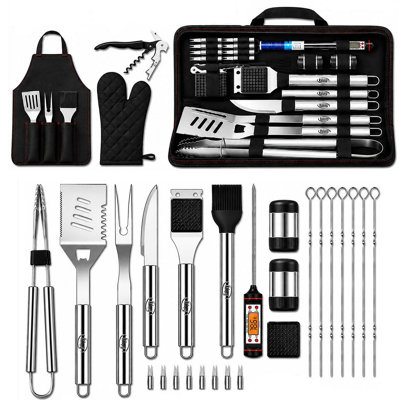 Cadeaux de grillades pour papa pour hommes, ensemble d'accessoires pour barbecue 30 pièces en acier inoxydable avec thermomètre, tablier, gant, étui, ensemble complet d'outils de barbecue pour la pendaison de crémaillère de Noël de la fête des Pères