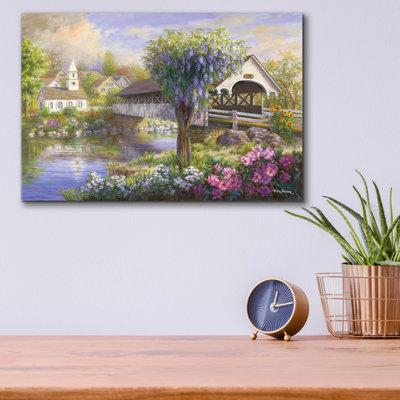 Art mural en verre épique 16 po x 12 po «pittoresque pont couvert» par Nicky Boehme