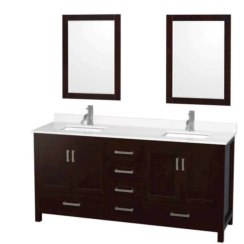 Sheffield 72" Freestanding Double Bathroom Vanity with Quartz Top with 24" Mirrors, White Quartz, Gray, 60"