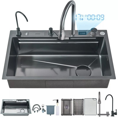 Stainless Steel Flying Rain Waterfall Kitchen Sink with Faucet 29.5" Single Bowl
