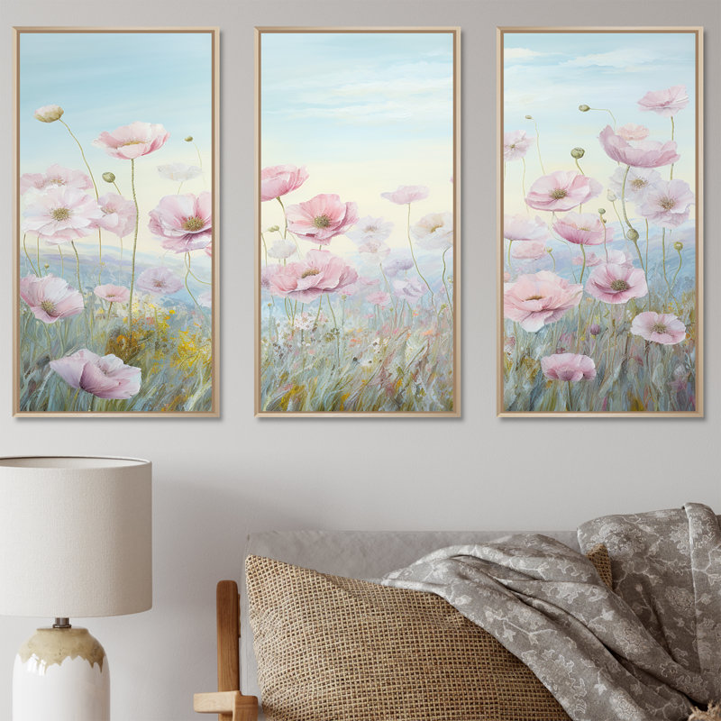 Rose Ranunculus Field In Mountain I - Ensemble de décoration murale Renoncule, Cadre naturel flottant