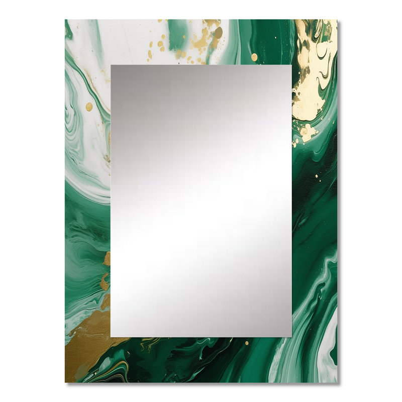 Green and Gold Serene Cascade III - Modern Rectangular Wall Mirror, 32 po x 24 po