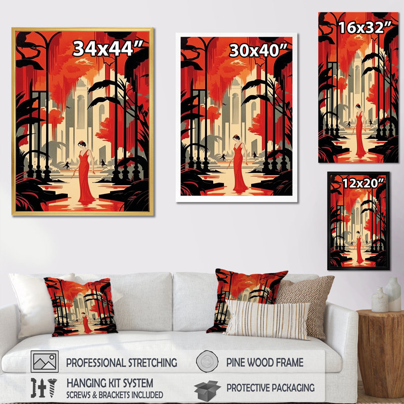 Art déco, dame en robe de soirée rouge - imprimé, H 32 po x l 24 po x P 1 po, Cadre doré à une seule photo