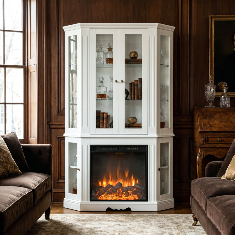 Decaro 77'' H White Corner Fireplace Display Cabinet With Glass Doors, Side Display Shelves, And  Electric Fireplace Insert