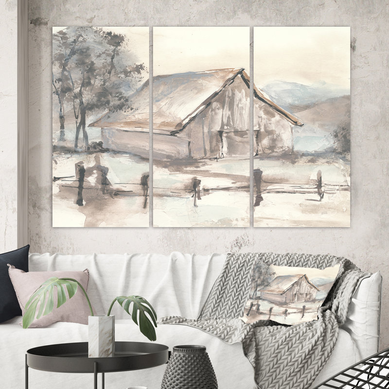 « campagne grange gray vii », reproduction d’image multi-pièces sur toile tendue, H 32 po x l 48 po x P 1 po