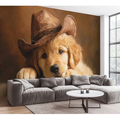 Wall Mural Peel and Stick Wallpaper Golden Retriever Cowboy Hat Self-Adhesive Removable Contact Paper Wall Decor for Living Room Bedroom 100"H x 144"W