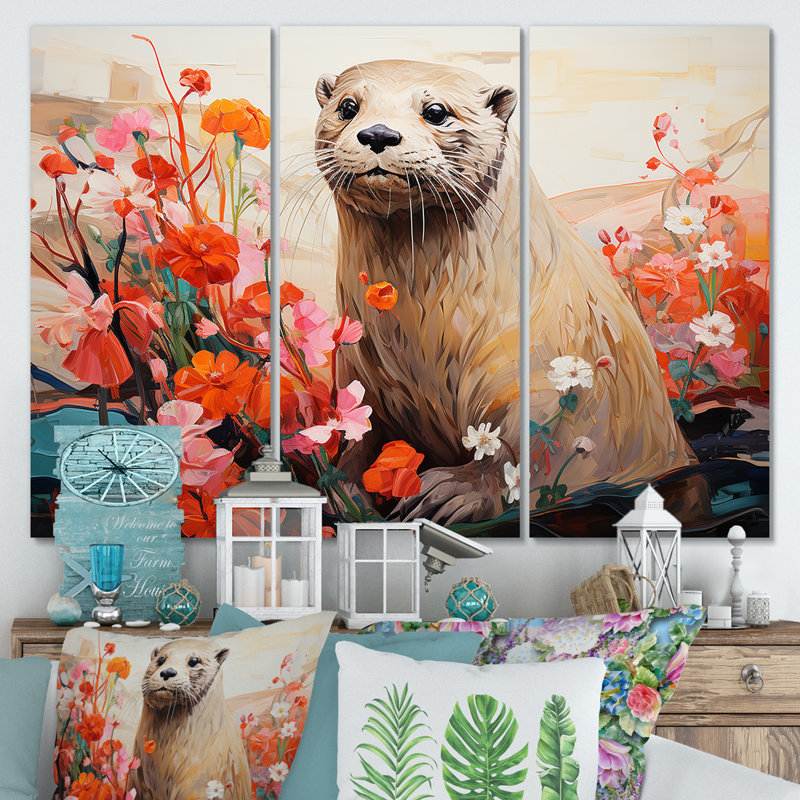 Loutre ludique en fleurs florales II - loutre, art mural, Toile tendue, H 32 po x l 48 po