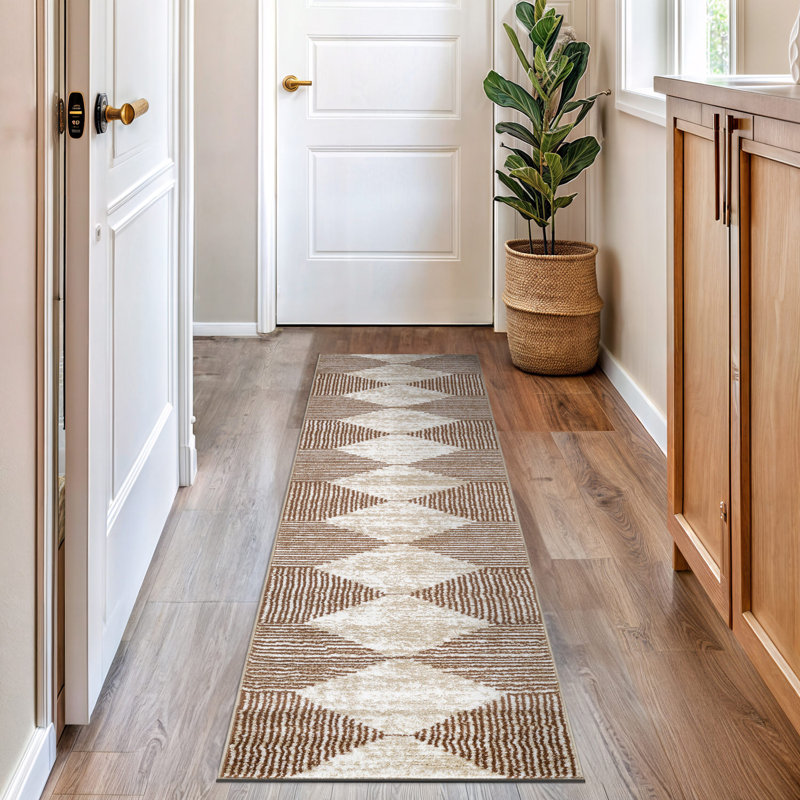 Beige Brown Geometric Stripe Area Rug, Runner 2'2" x 8'
