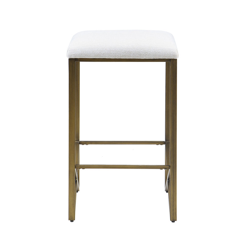 Tabouret de comptoir sans dossier H 26 po - minimaliste et frais. Base en métal bronze, siège rembourré pour plus de confort. Assemblage requis, outils inclus dans le paquet Base rembourrée de 26 po avec espace de loisirs requis