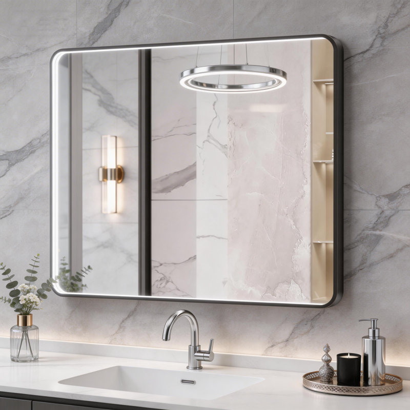 Miroir de salle de bain avec cadre en aluminium et éclairage à DEL, Noir, 36 po x 36 po