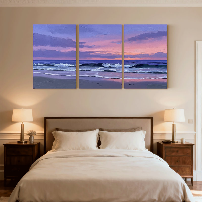 Nautique et plage, ciel mauve, vagues de l'océan, coucher de soleil, plage, sable, ensemble de 3 impressions sur toile